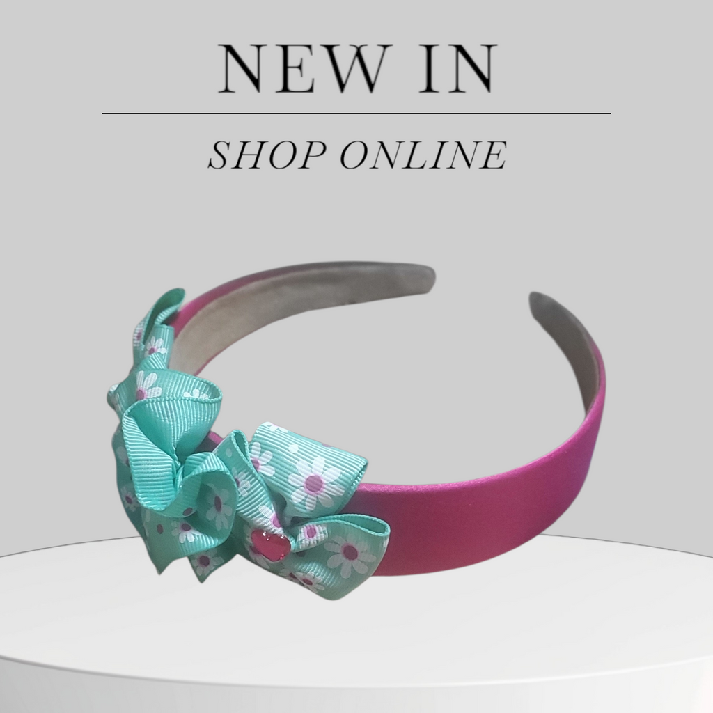 Magenta Satin Headband with Turquoise Floral Bows and Pink Bling Hearts