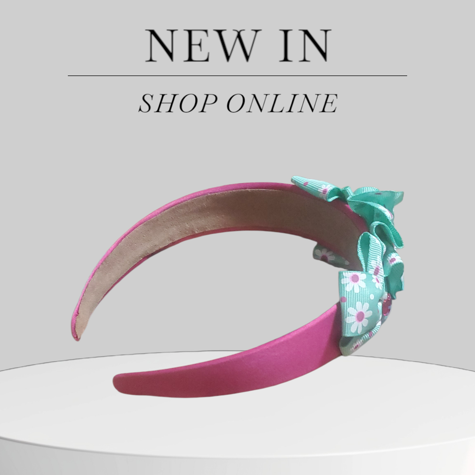 Magenta Satin Headband with Turquoise Floral Bows and Pink Bling Hearts