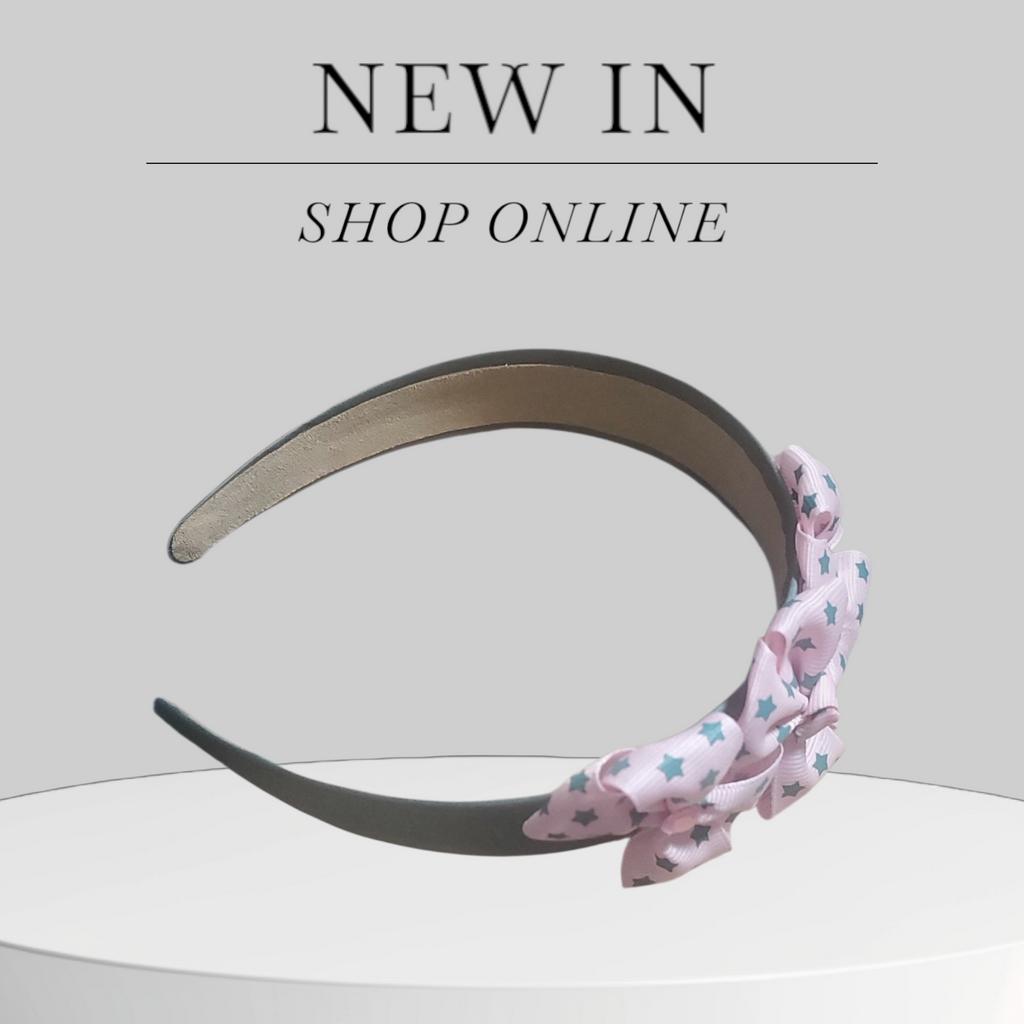 Soft Green Satin Headband with Three Pink Bows and Star Accents