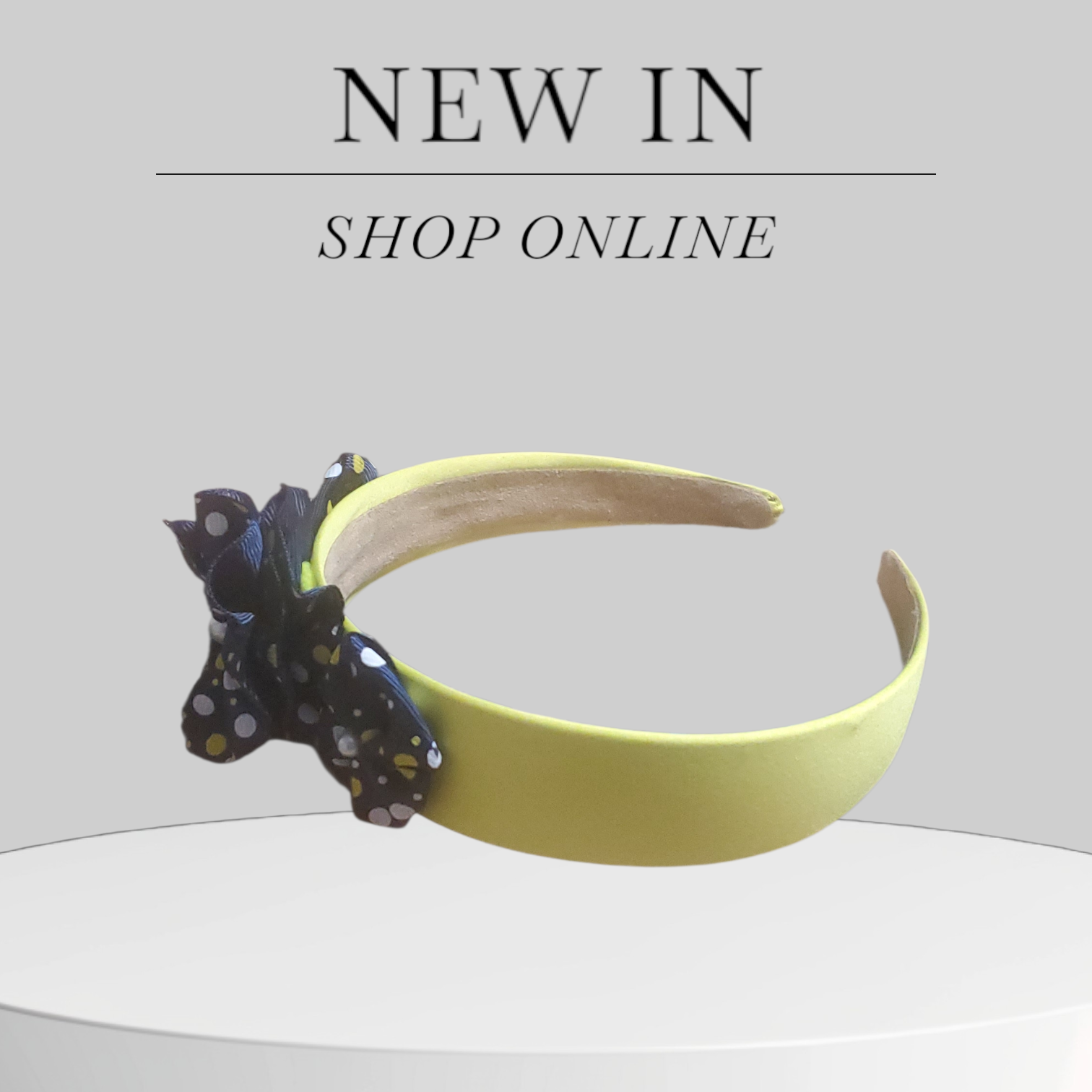 Yellow Satin Headband with Navy, Yellow & White Polka Dot Bows and Pearl Accents