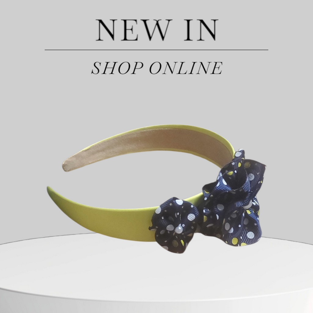 Yellow Satin Headband with Navy, Yellow & White Polka Dot Bows and Pearl Accents