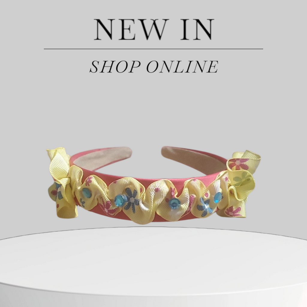 Bright Pink Satin & Yellow Scrunchy Headband with Turquoise Bling Bow Accents