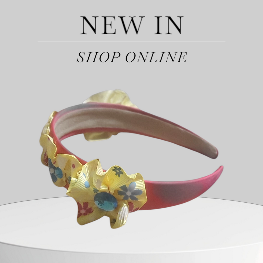 Bright Pink Satin & Yellow Scrunchy Headband with Turquoise Bling Bow Accents