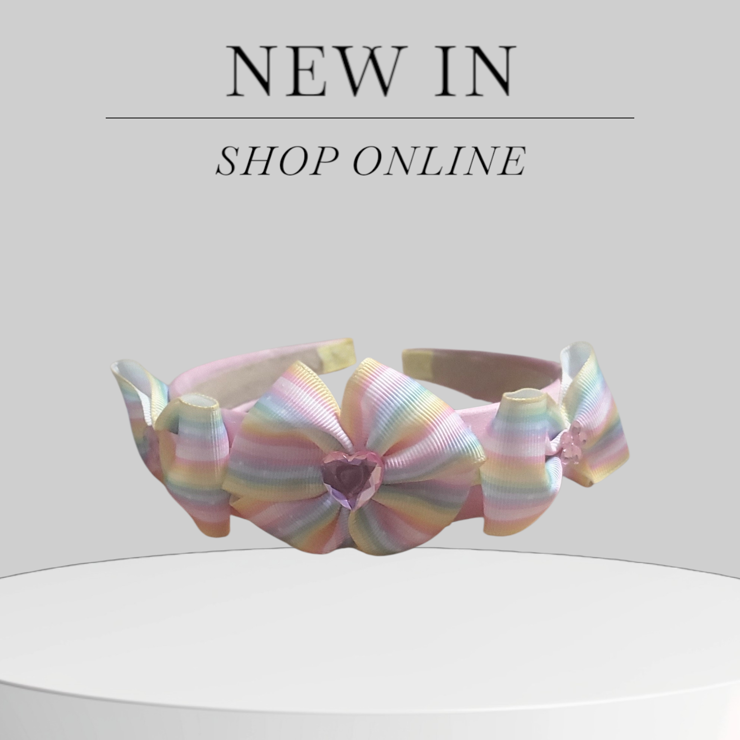 Soft Pink Satin Headband with Yellow Stripes & Rainbow Bows Accented with Pink Bling