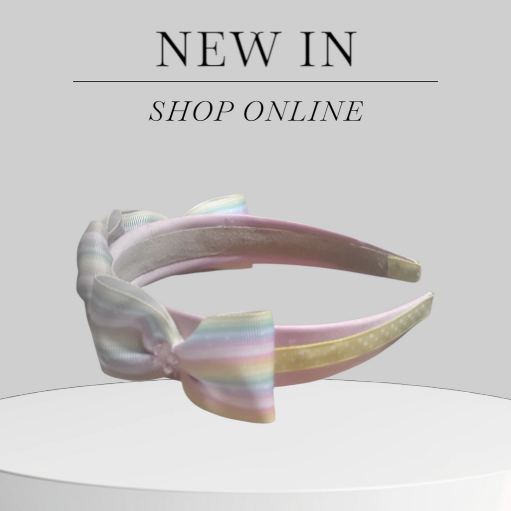 Soft Pink Satin Headband with Yellow Stripes & Rainbow Bows Accented with Pink Bling