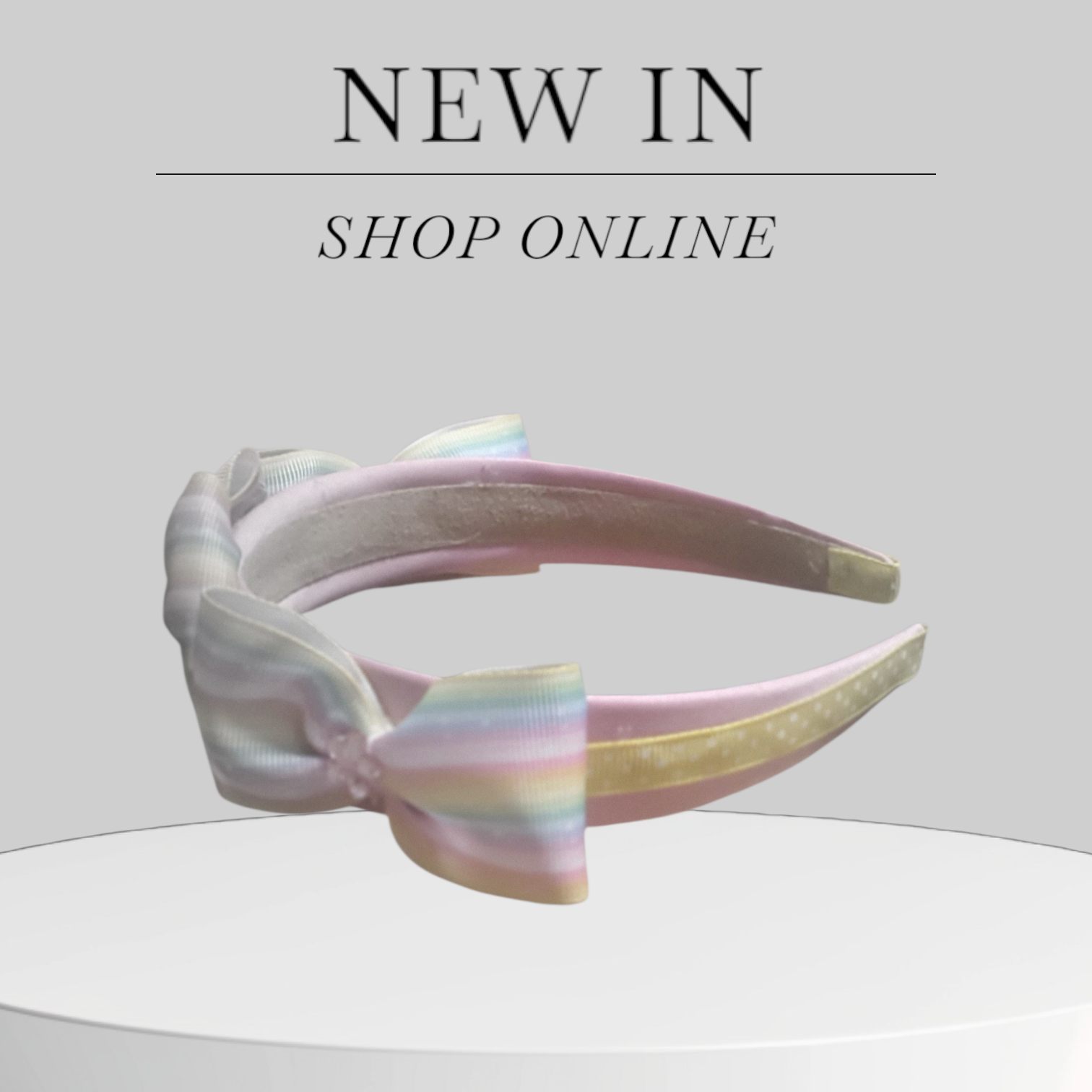 Soft Pink Satin Headband with Yellow Stripes & Rainbow Bows Accented with Pink Bling