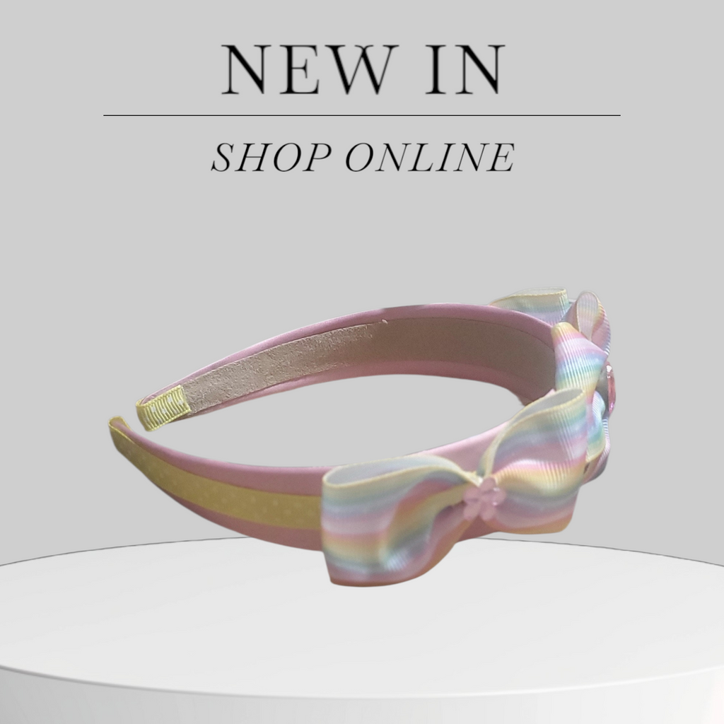 Soft Pink Satin Headband with Yellow Stripes & Rainbow Bows Accented with Pink Bling