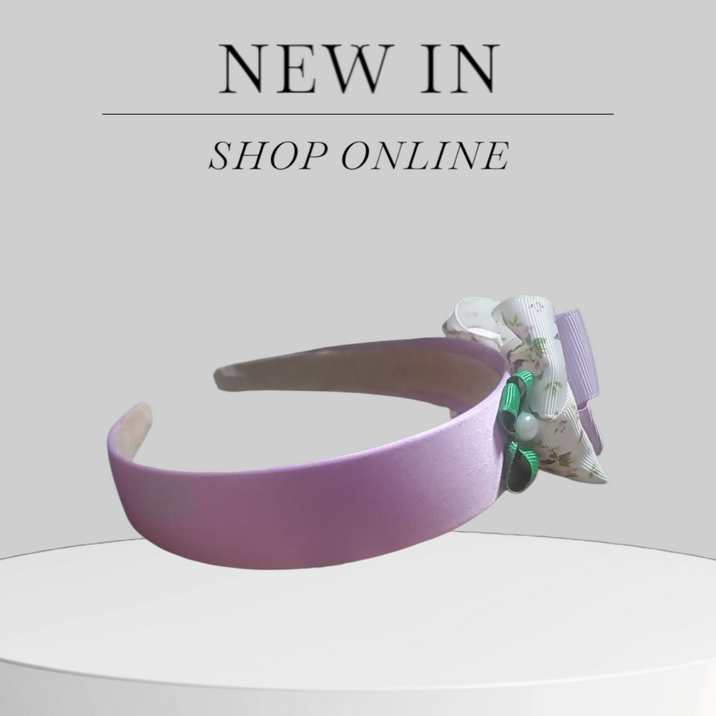 Lavender Satin Headband with Green, Lavender & White Floral Bows and Pearl Accents