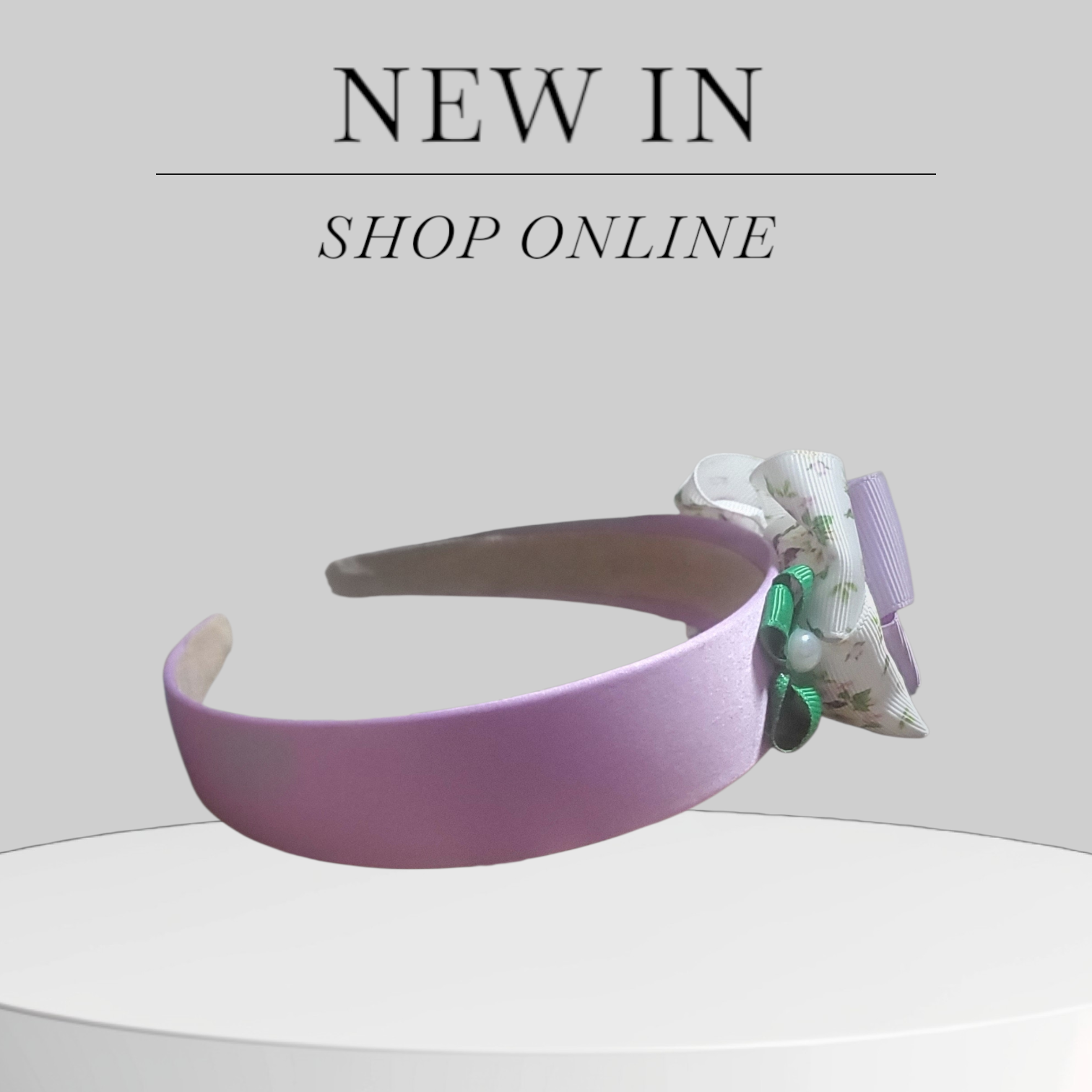 Lavender Satin Headband with Green, Lavender & White Floral Bows and Pearl Accents