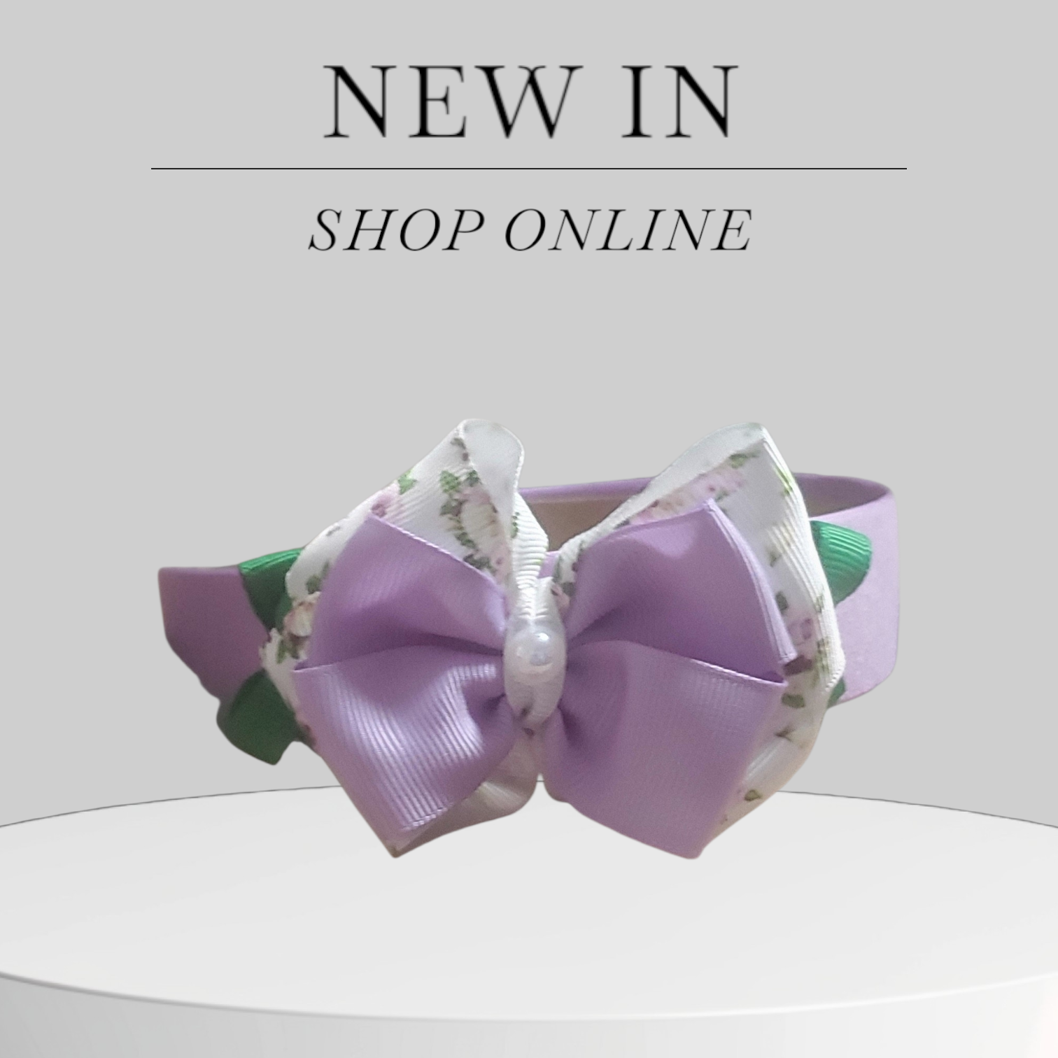 Lavender Satin Headband with Green, Lavender & White Floral Bows and Pearl Accents