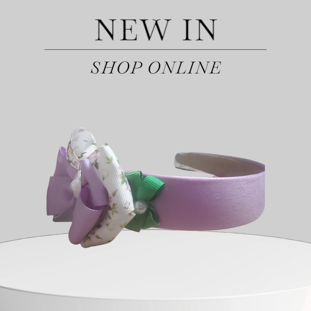 Lavender Satin Headband with Green, Lavender & White Floral Bows and Pearl Accents