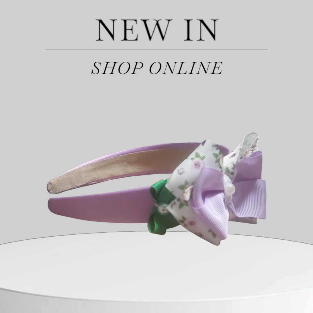 Lavender Satin Headband with Green, Lavender & White Floral Bows and Pearl Accents