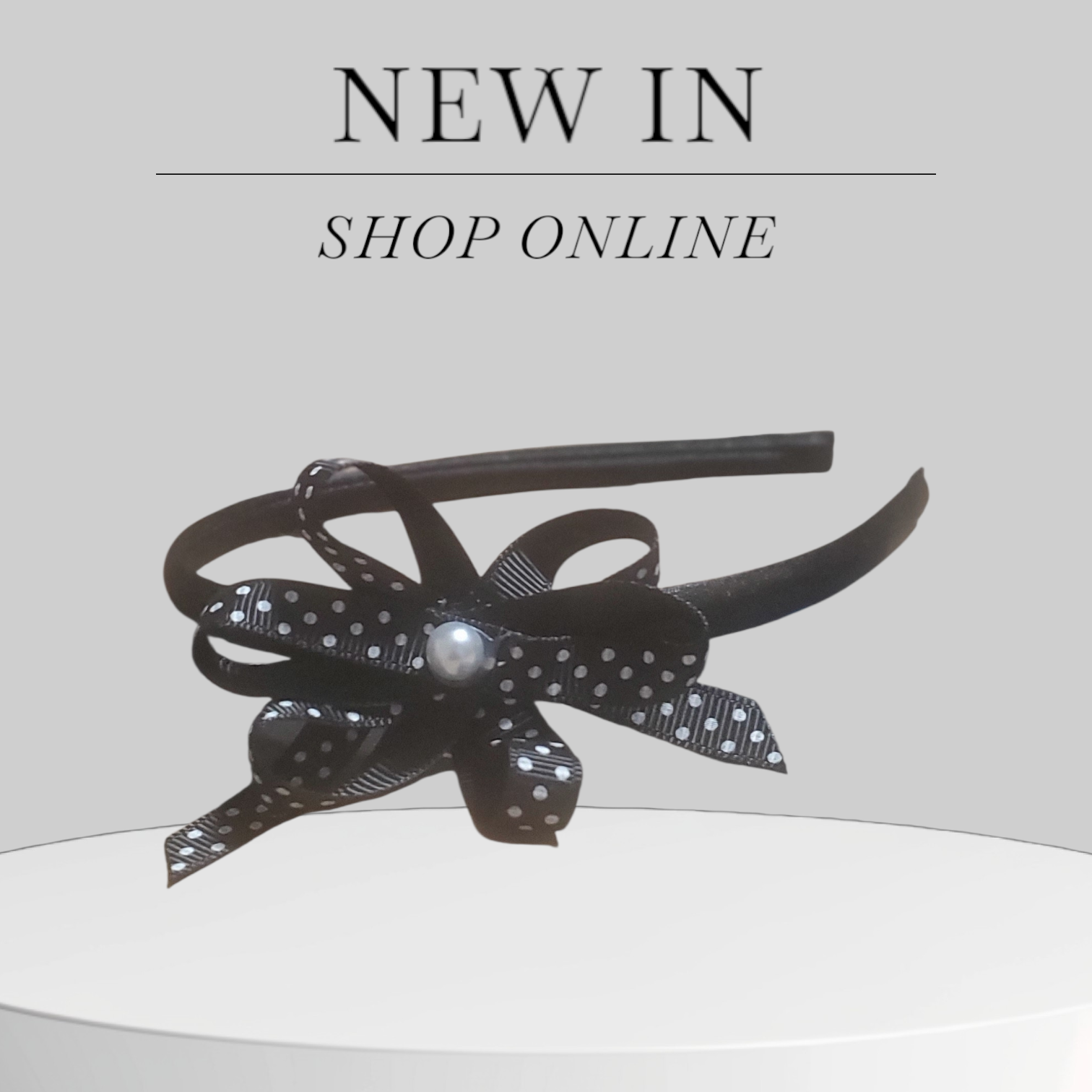 Elegant Black Satin Headband with Polka Dot Bow & Pearl Accent
