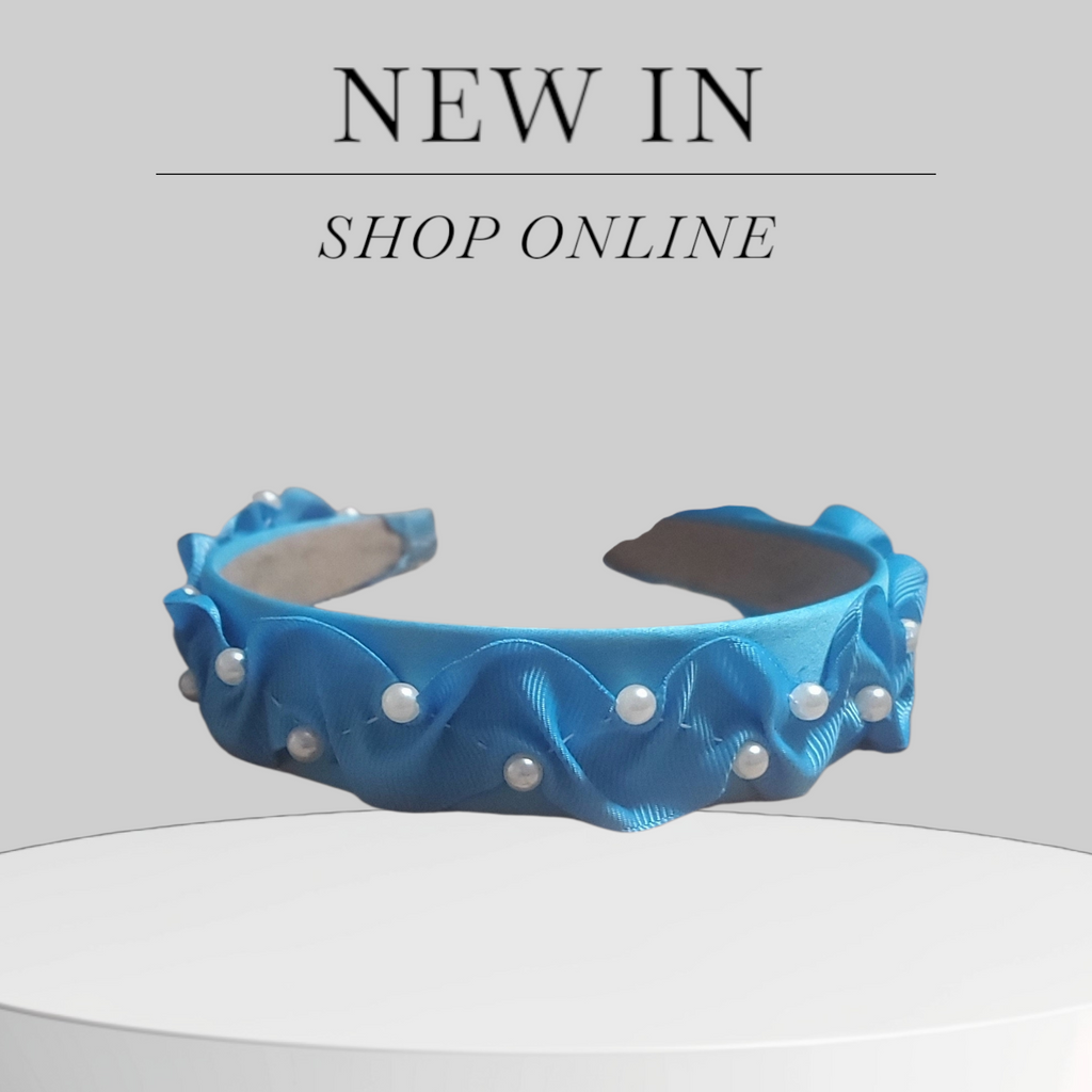 Turquoise Satin Scrunchy Headband with Pearl Accents