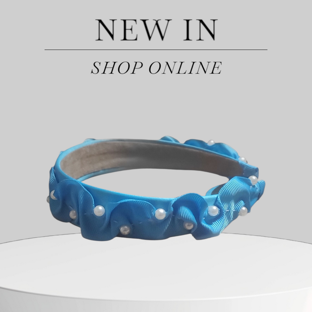 Turquoise Satin Scrunchy Headband with Pearl Accents