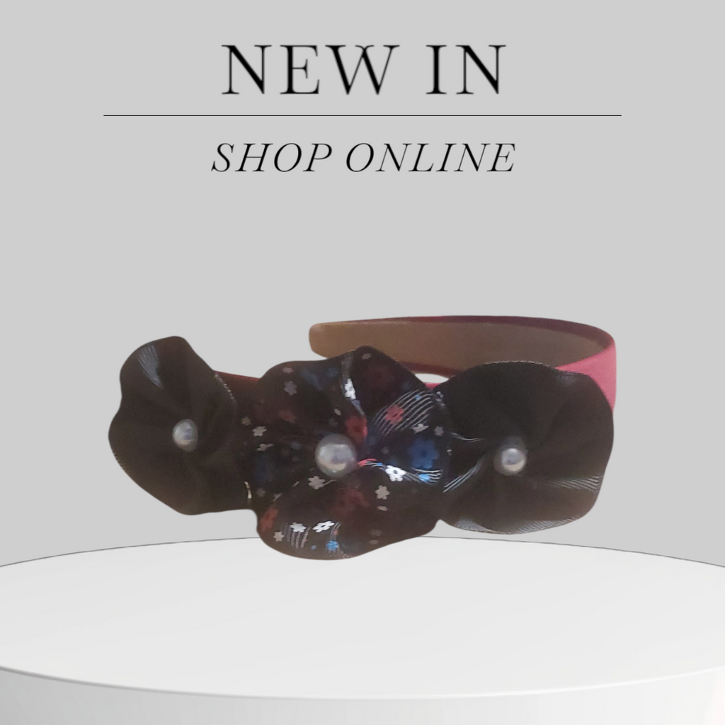 Burgundy Headband with Black Floral Bows and Pearl Accents