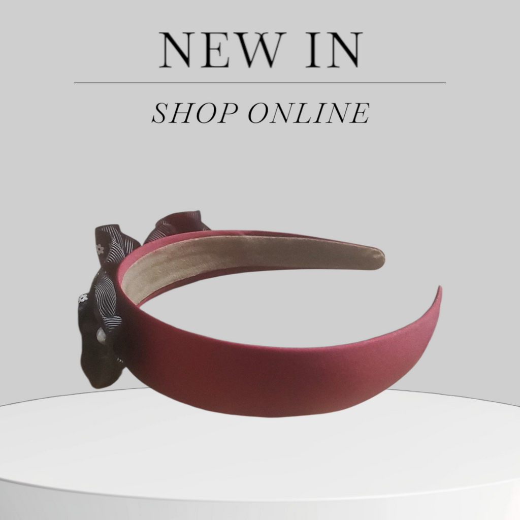 Burgundy Headband with Black Floral Bows and Pearl Accents