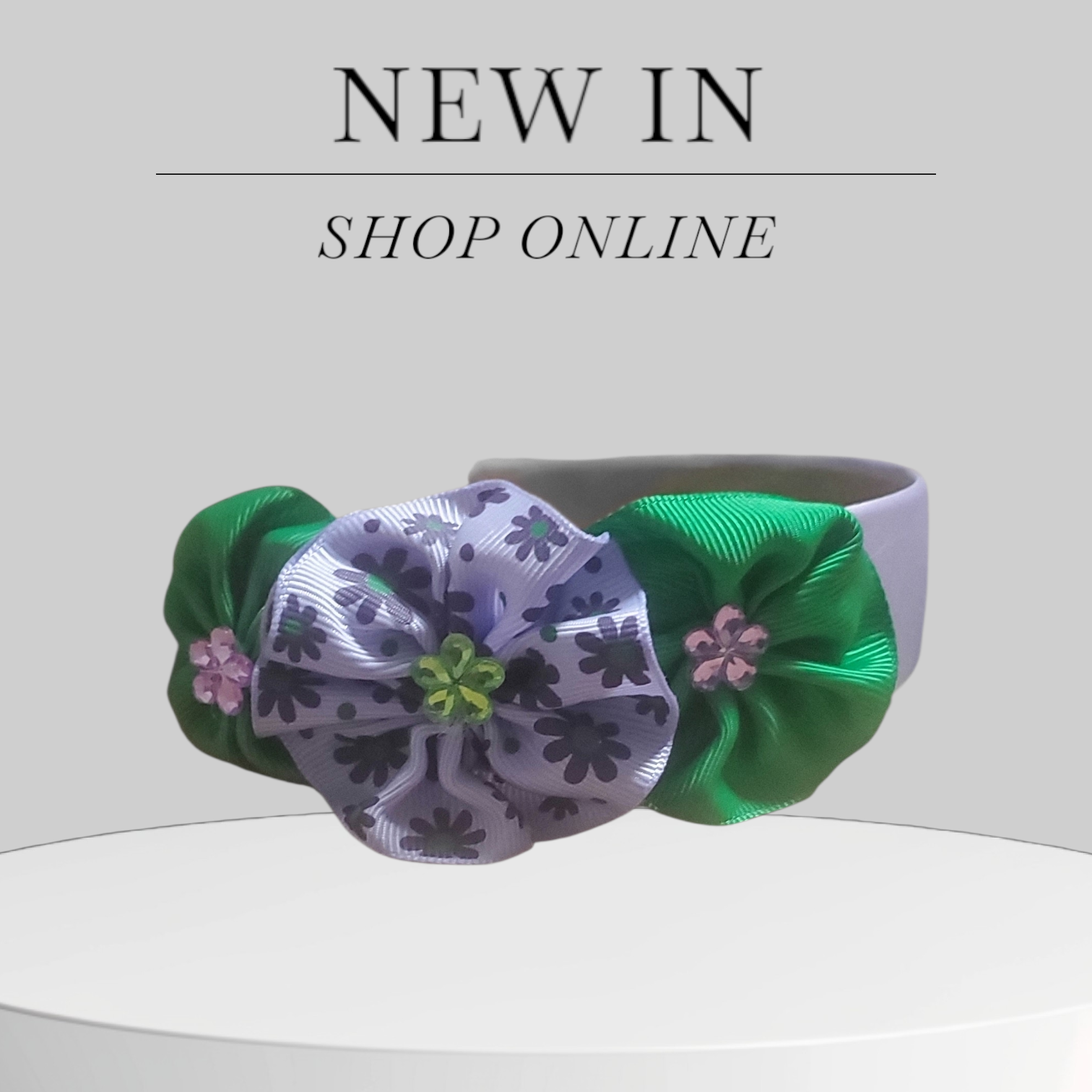 Lavender Satin Headband with Green Bows, Floral Accents & Colorful Bling!