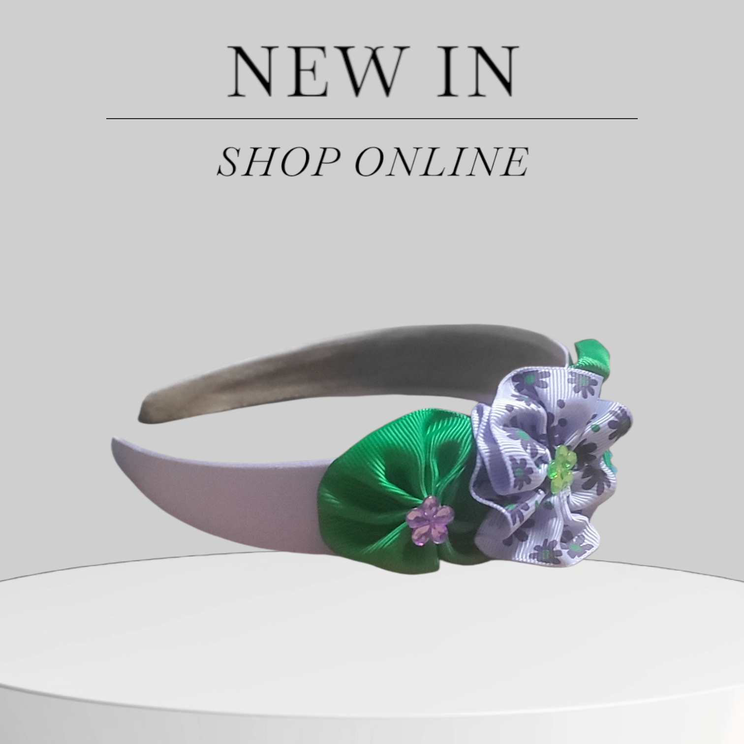 Lavender Satin Headband with Green Bows, Floral Accents & Colorful Bling!