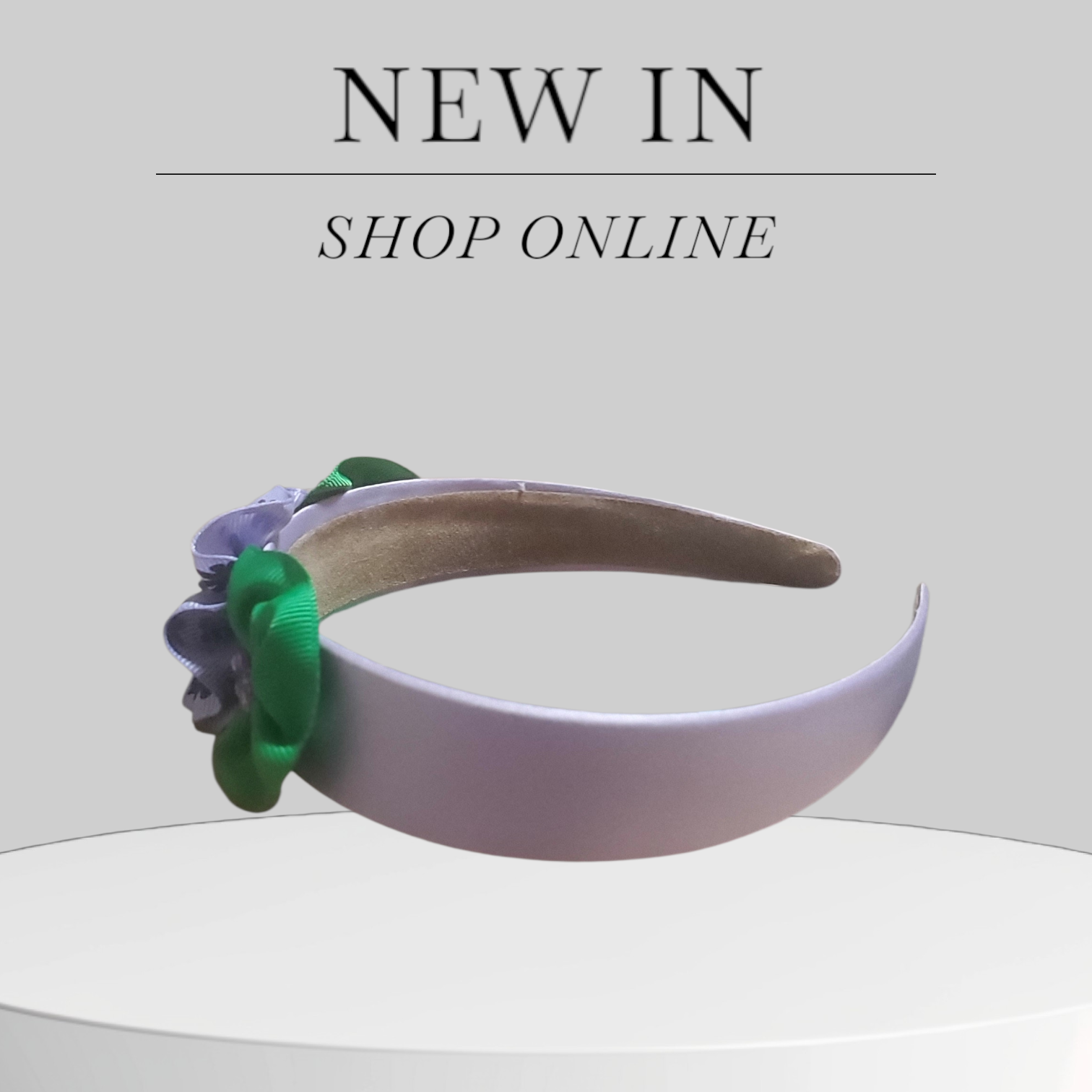 Lavender Satin Headband with Green Bows, Floral Accents & Colorful Bling!