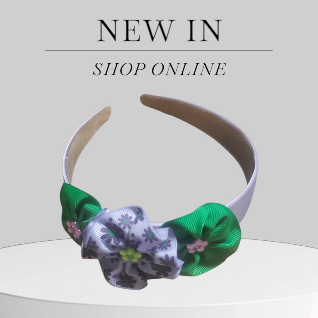 Lavender Satin Headband with Green Bows, Floral Accents & Colorful Bling!
