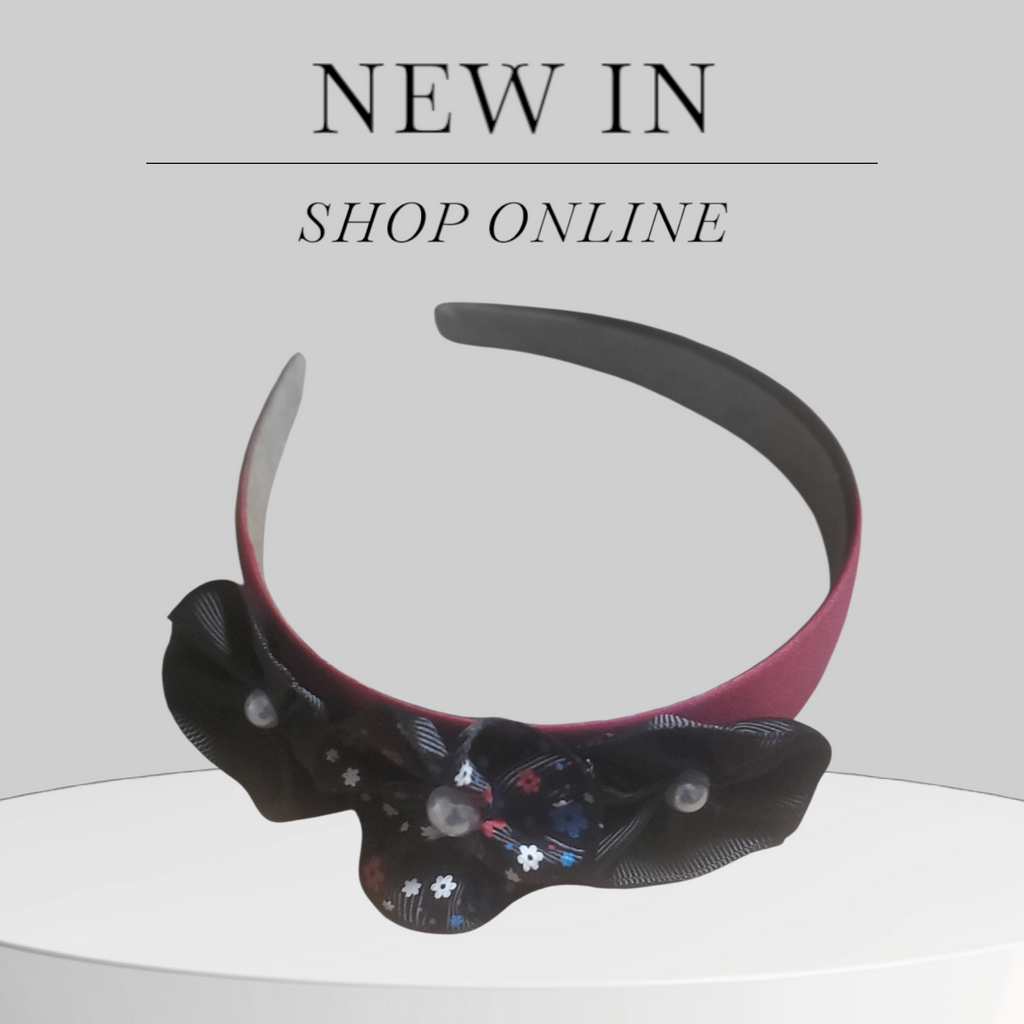 Burgundy Headband with Black Floral Bows and Pearl Accents