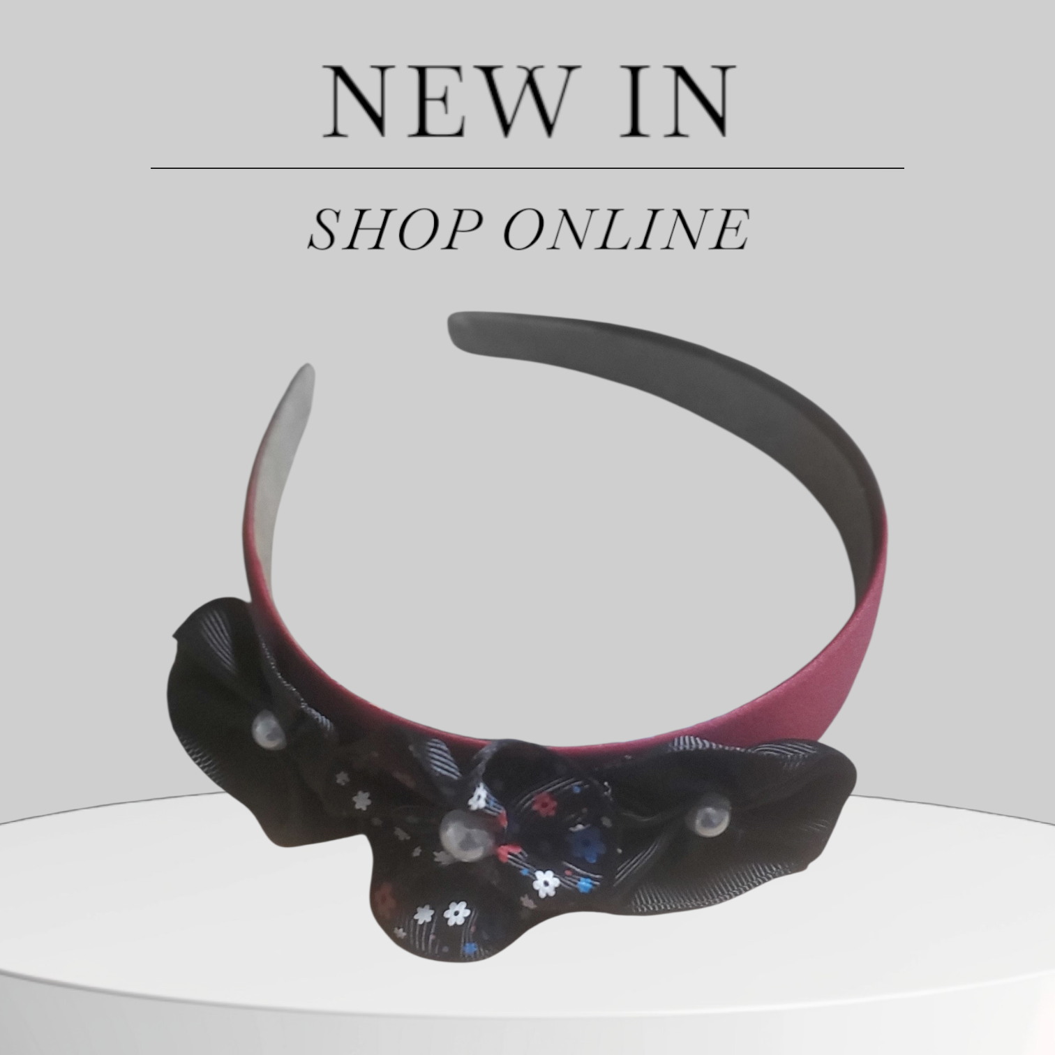 Burgundy Headband with Black Floral Bows and Pearl Accents