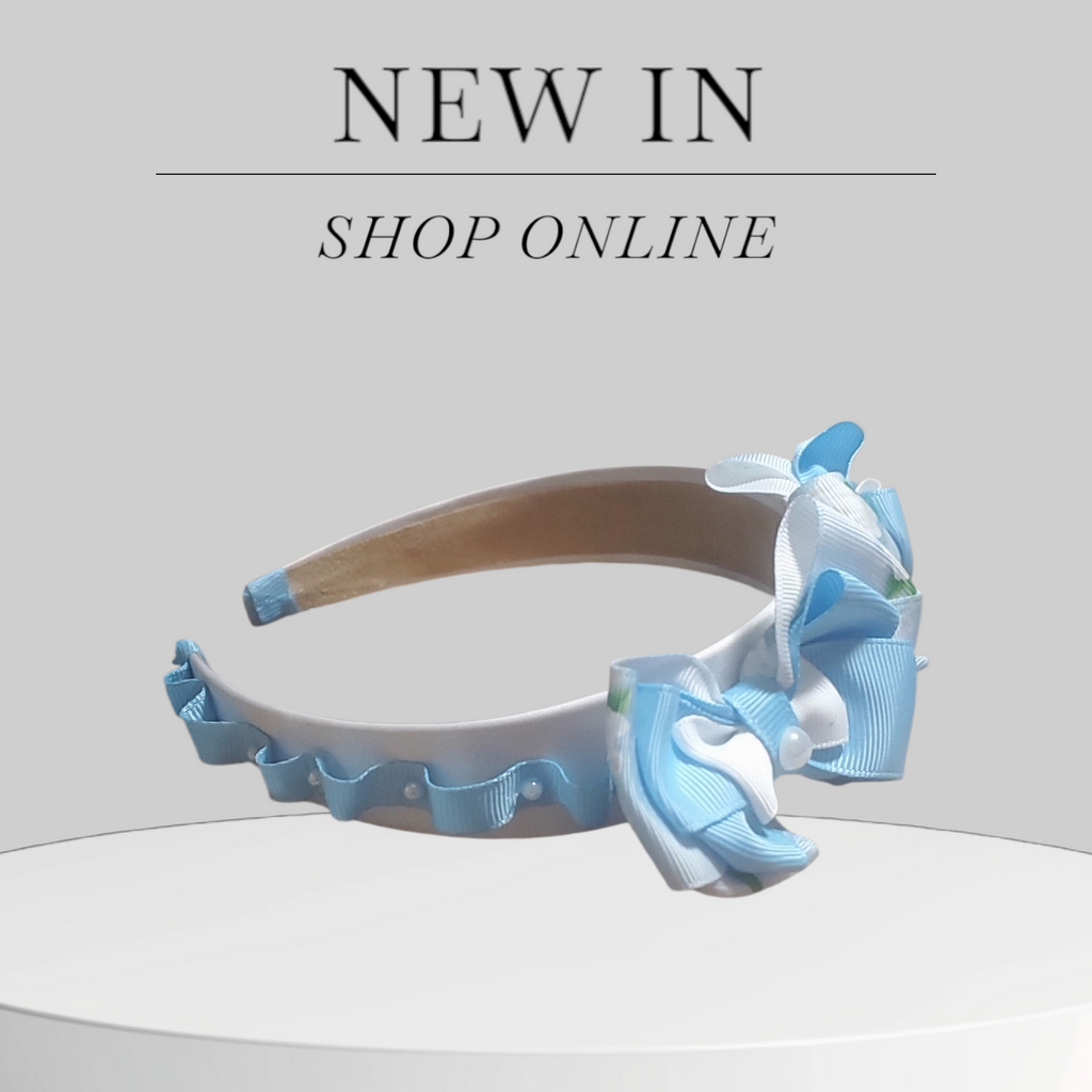 Silver Satin and Baby Blue Scrunchy Headband with Pearl‑Accented Bows