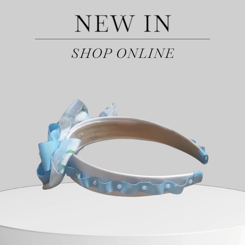 Silver Satin and Baby Blue Scrunchy Headband with Pearl‑Accented Bows