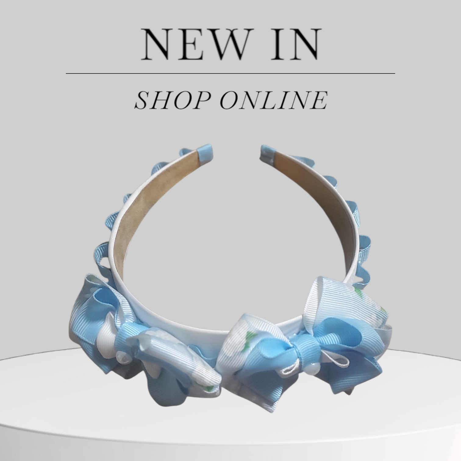 Silver Satin and Baby Blue Scrunchy Headband with Pearl‑Accented Bows