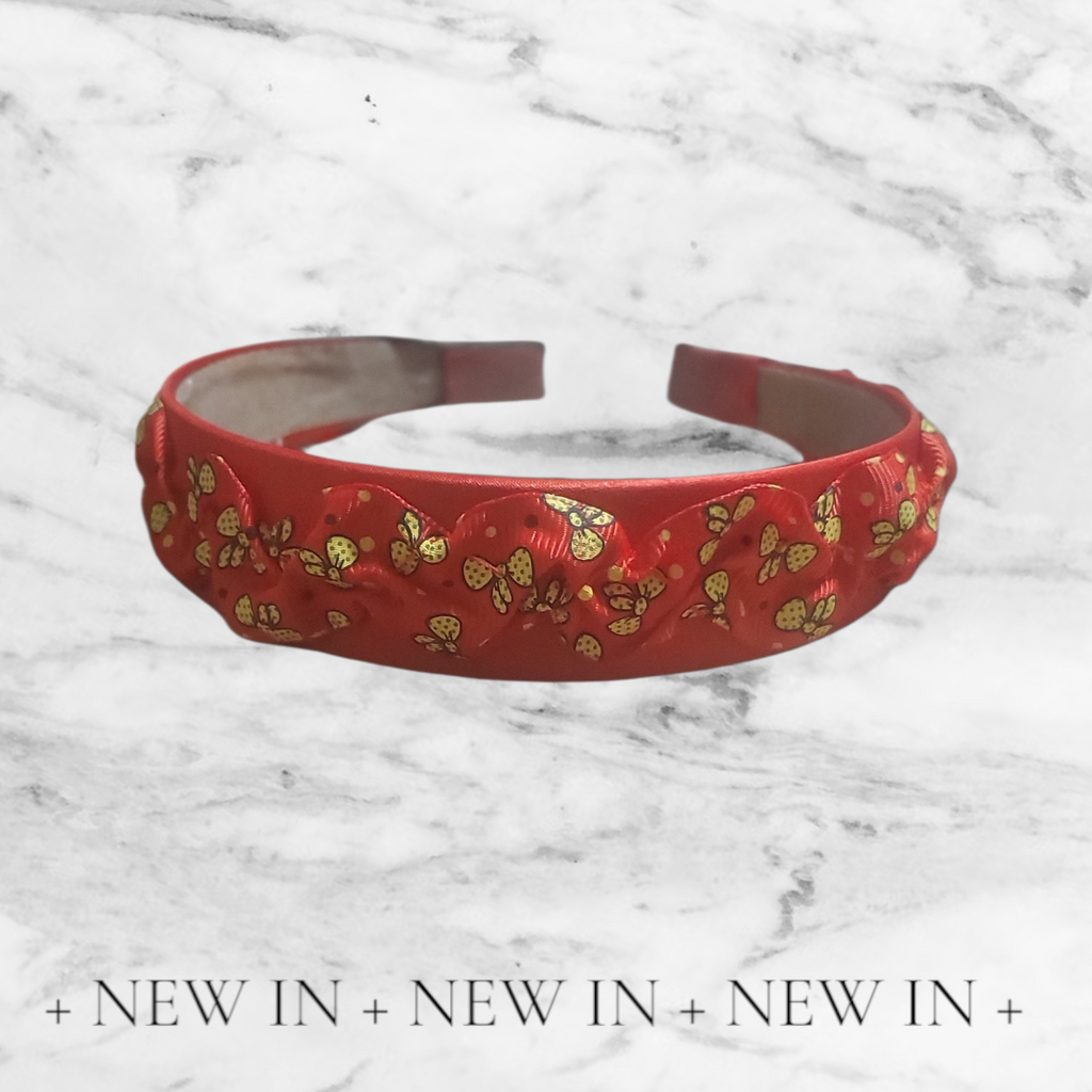 Red Satin Scrunchy Headband with Yellow Ribbon Accents