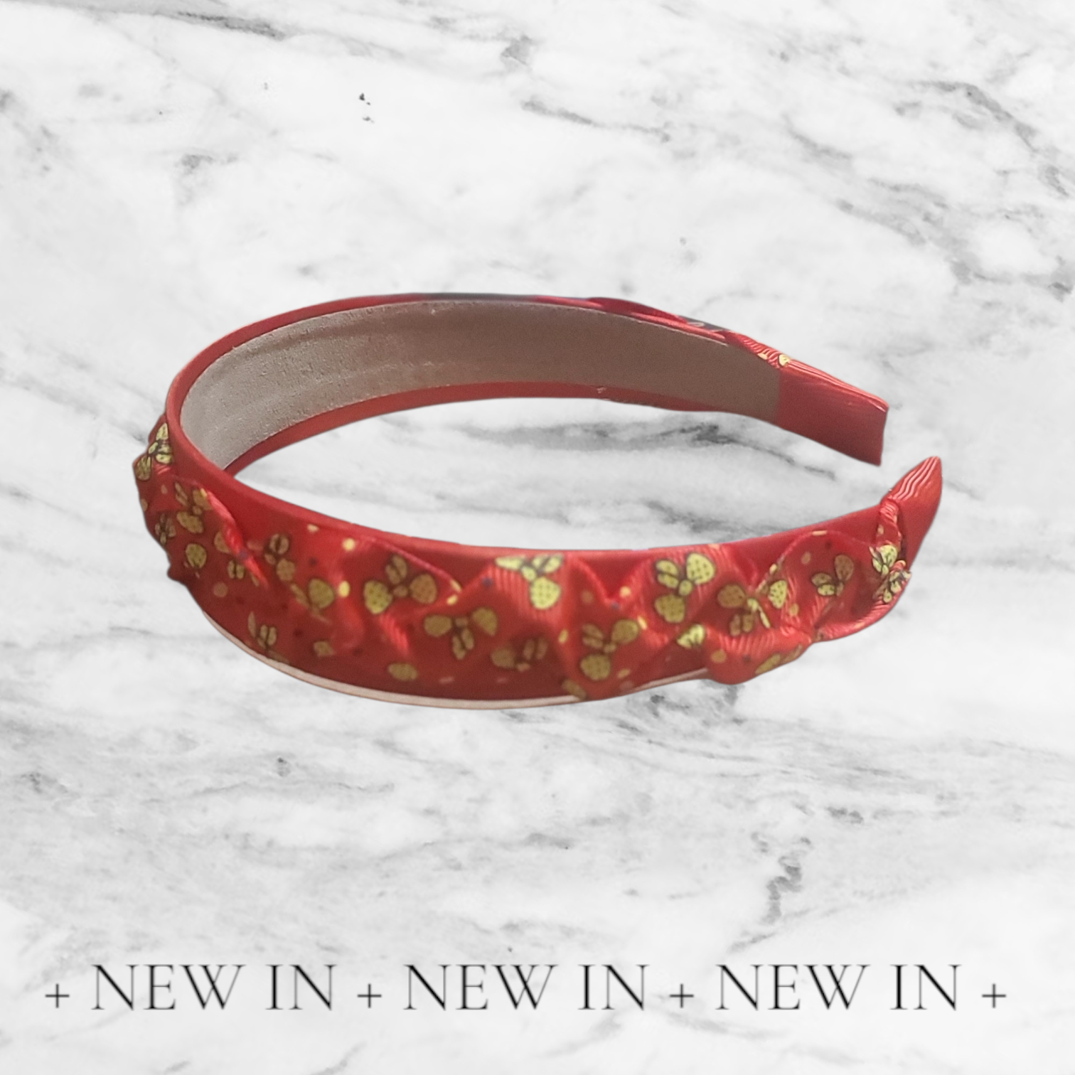Red Satin Scrunchy Headband with Yellow Ribbon Accents