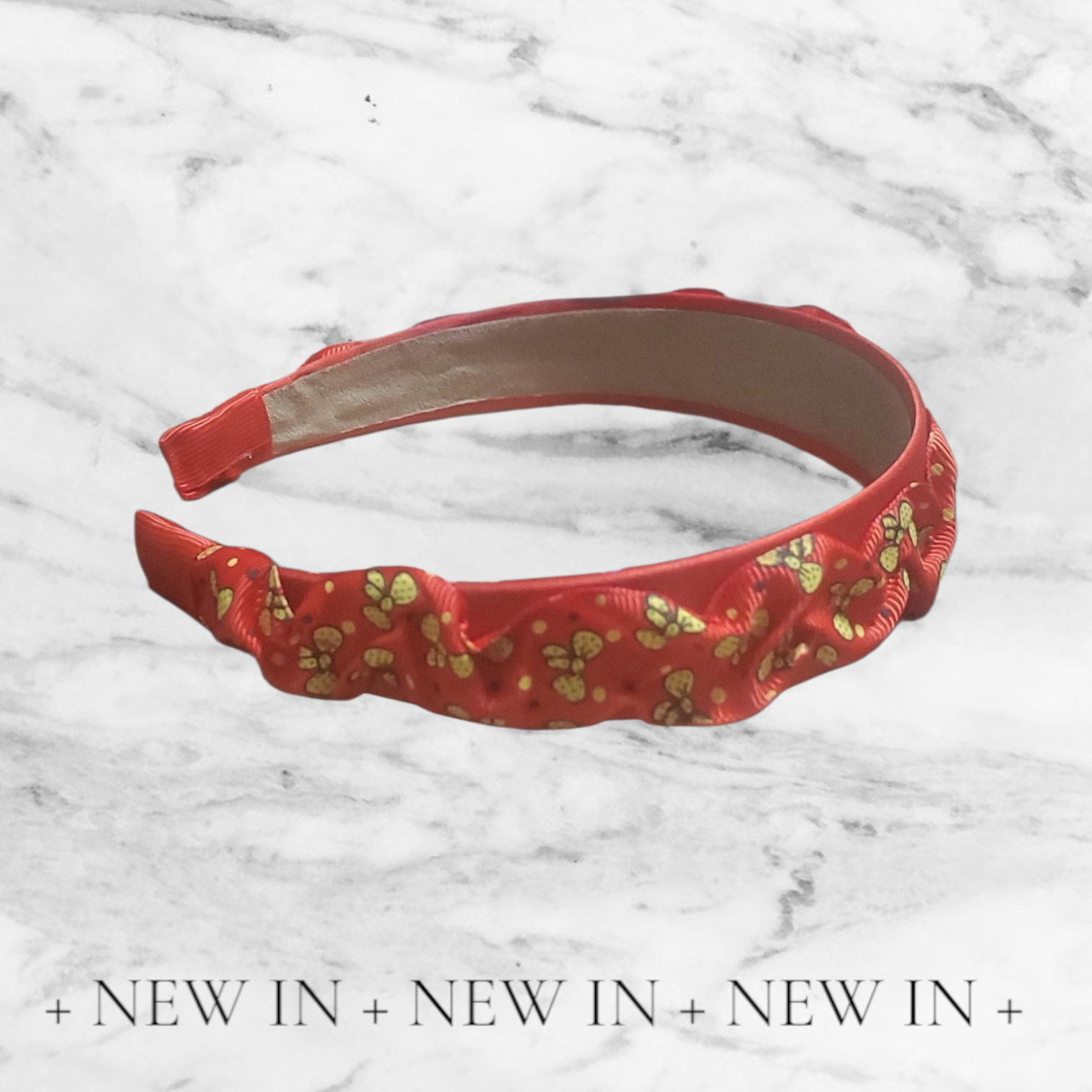 Red Satin Scrunchy Headband with Yellow Ribbon Accents