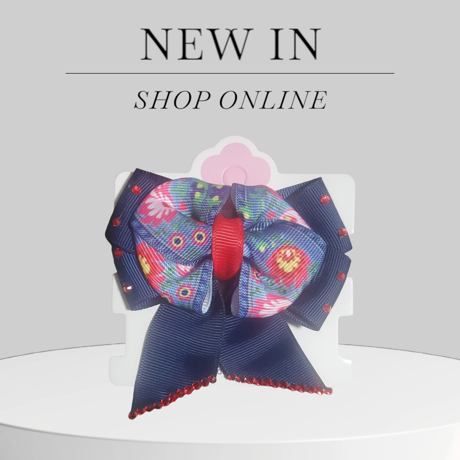 Navy Blue Ribbon Hair Bow with Floral Denim Accent & Red Rhinestones