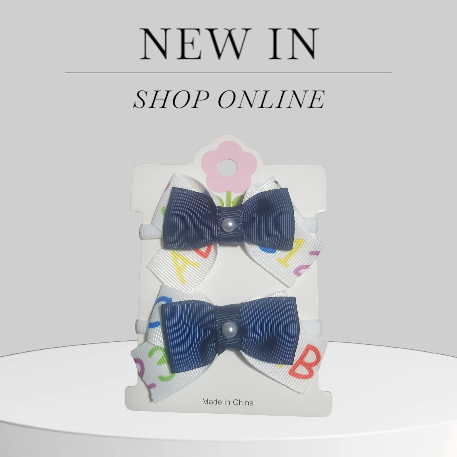 White Alphabet Ribbon Hair Bow with Navy Center & Pearl Accent