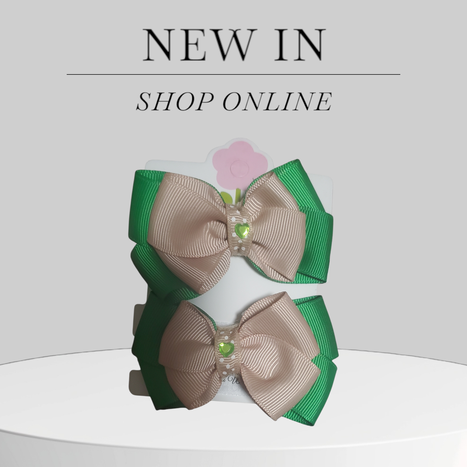 Green & Beige Hair Bows with Bedazzled Green Center